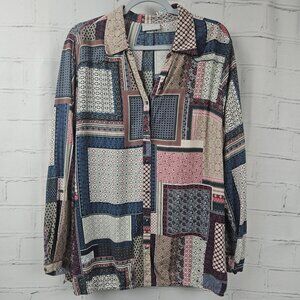 Benotti Patchwork Blouse Shirt Womens XL Long Sleeve Retro Bohemian Boho Hippie